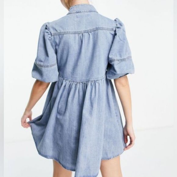 Lost Ink denim high neck smock mini dress with balloon sleeves size 10 - Picture 3 of 7